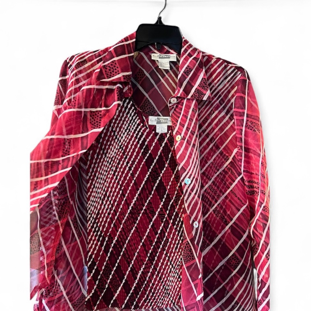 Vintage Burgundy Sheer Blouse & Tank 2pc Set Red Sz M Office Party EK Designs